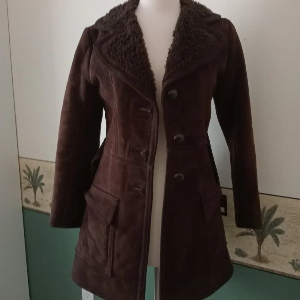 Vintage 1970s Suede Shearling Chocolate Brown Penny Lane  Belted Coat - Picture 6 of 6